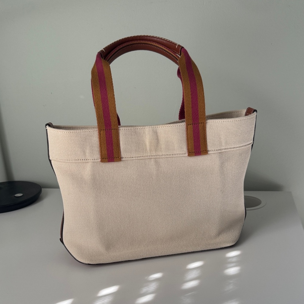 Coach Canvas Tote in Cream with Brown Logo and Striped Tan/Maroon Handles - Picture 2 of 4